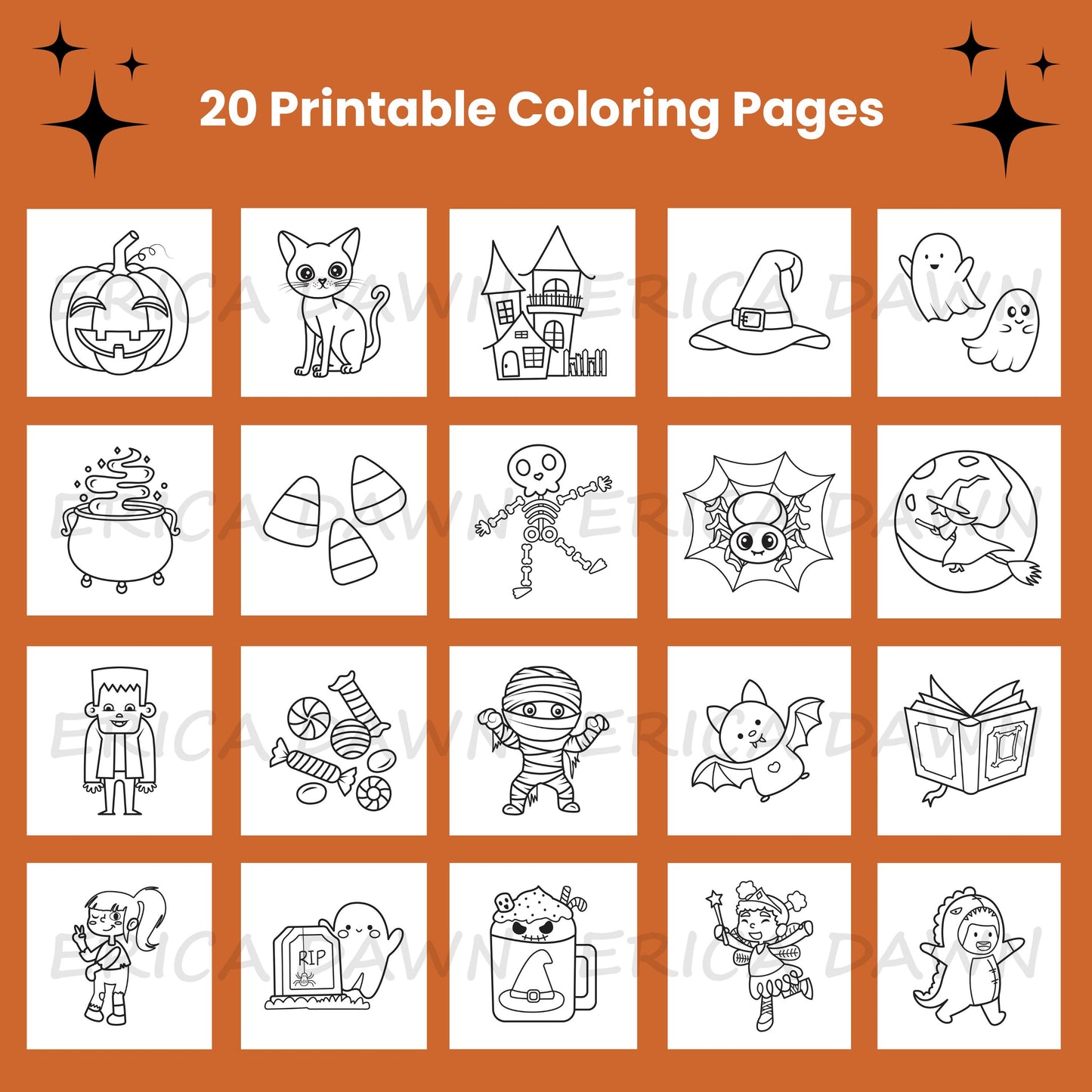 Sweet and Spooky Printable Coloring Pages back cover. Back cover is burnt orange and black and features a variety of Halloween-themed designs.