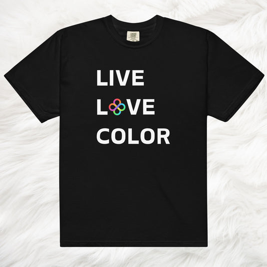 Black color tshirt with white bold print that says LIVE LOVE COLOR. The letter O in the word LOVE has been replaced with rainbow infinity symbols.