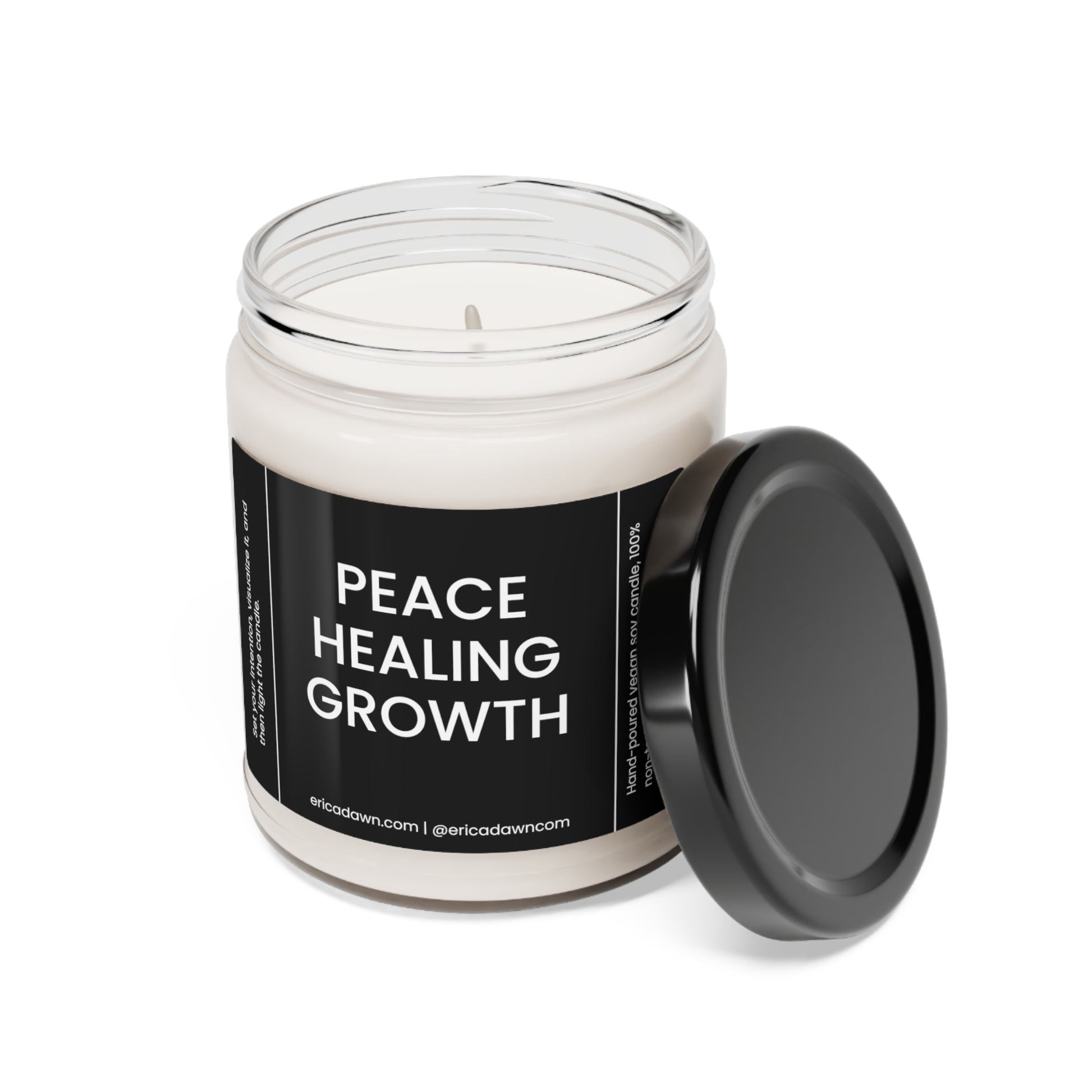 Hand-poured vegan soy wax candle. Soy wax inside a glass jar, a single cotton wick, with a black and white outside label that says PEACE HEALING GROWTH, with a screw top lid.