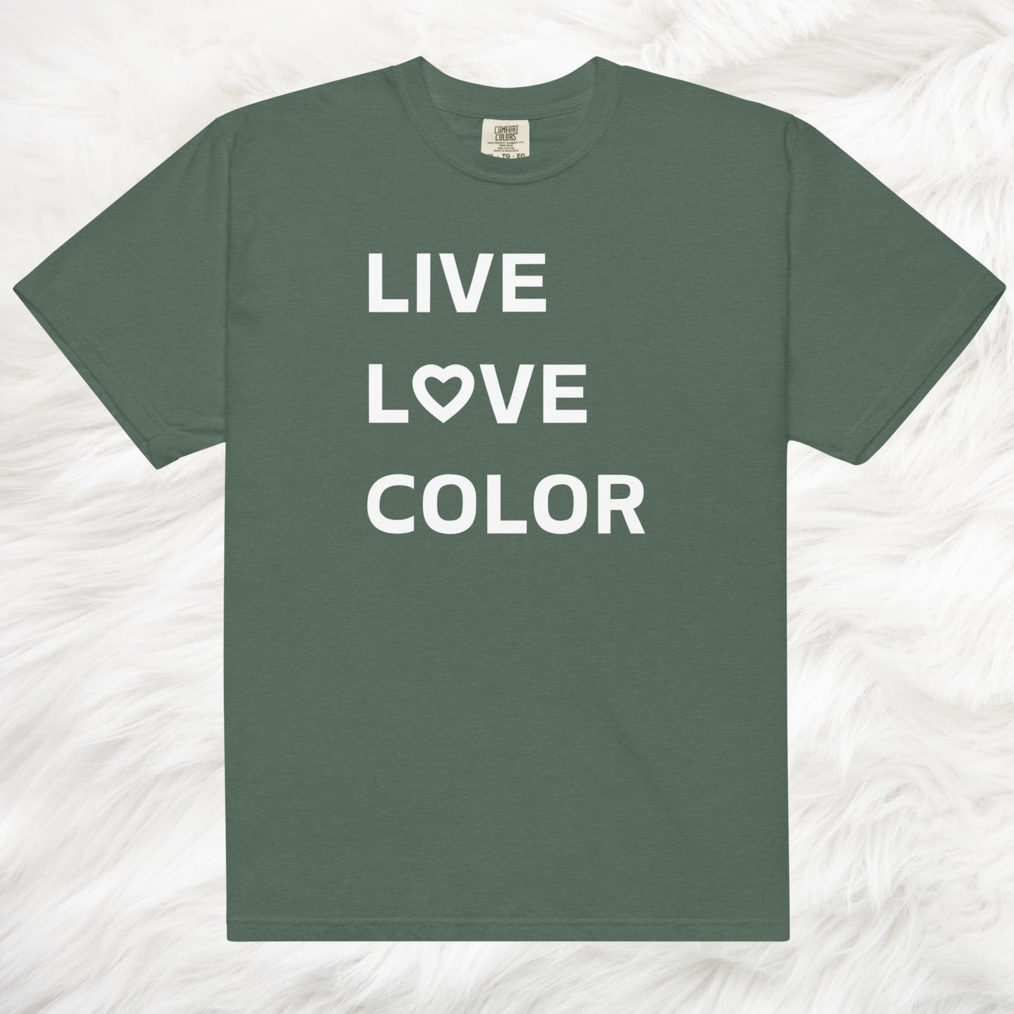 Blue Spruce color T-Shirt with white bold print that says LIVE LOVE COLOR. The letter O in the word LOVE has been replaced with a heart symbol.