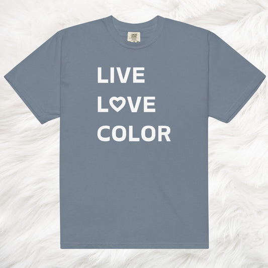 Blue Jean color T-Shirt with white bold print that says LIVE LOVE COLOR. The letter O in the word LOVE has been replaced with a heart symbol.