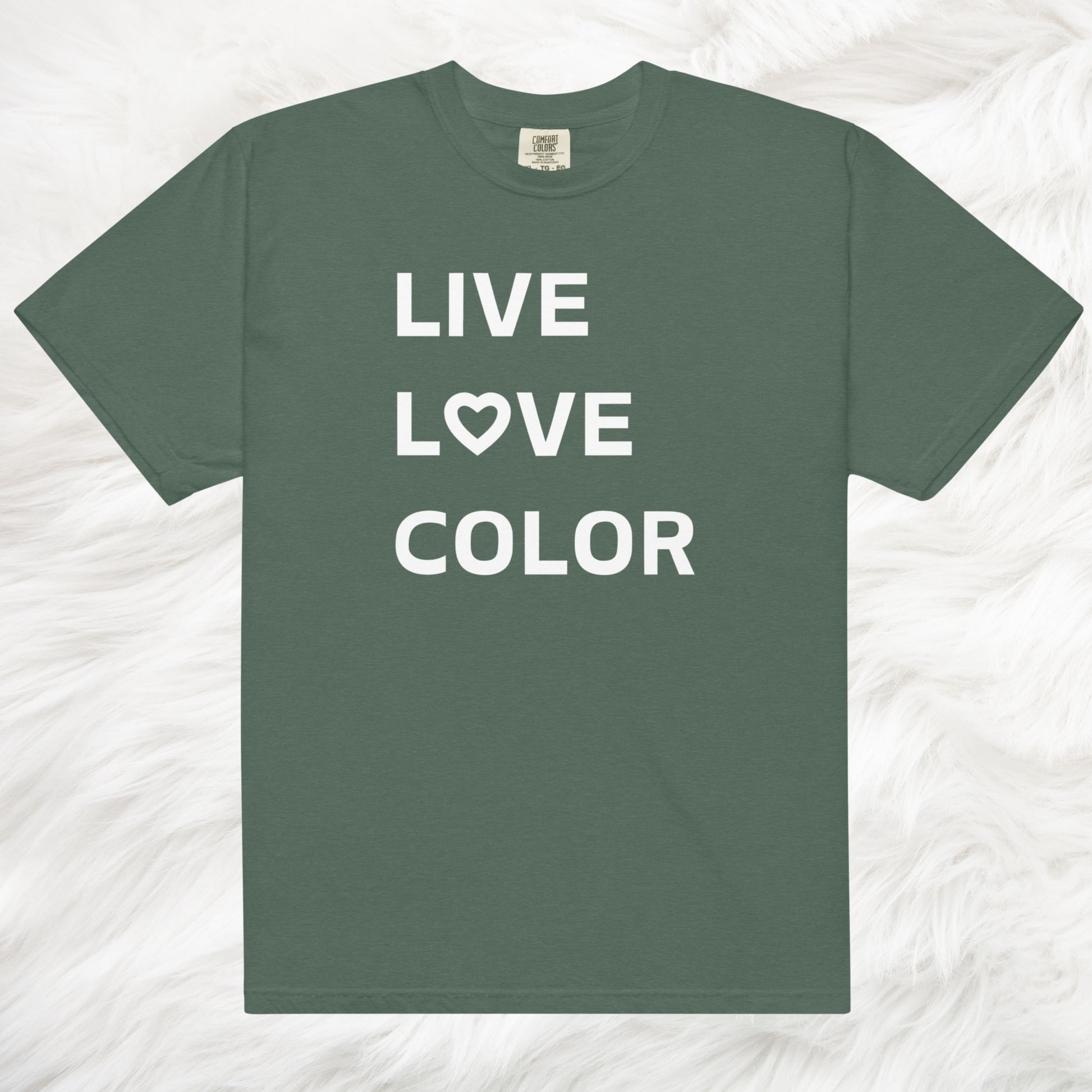 Blue Spruce color T-Shirt with white bold print that says LIVE LOVE COLOR. The letter O in the word LOVE has been replaced with a heart symbol.