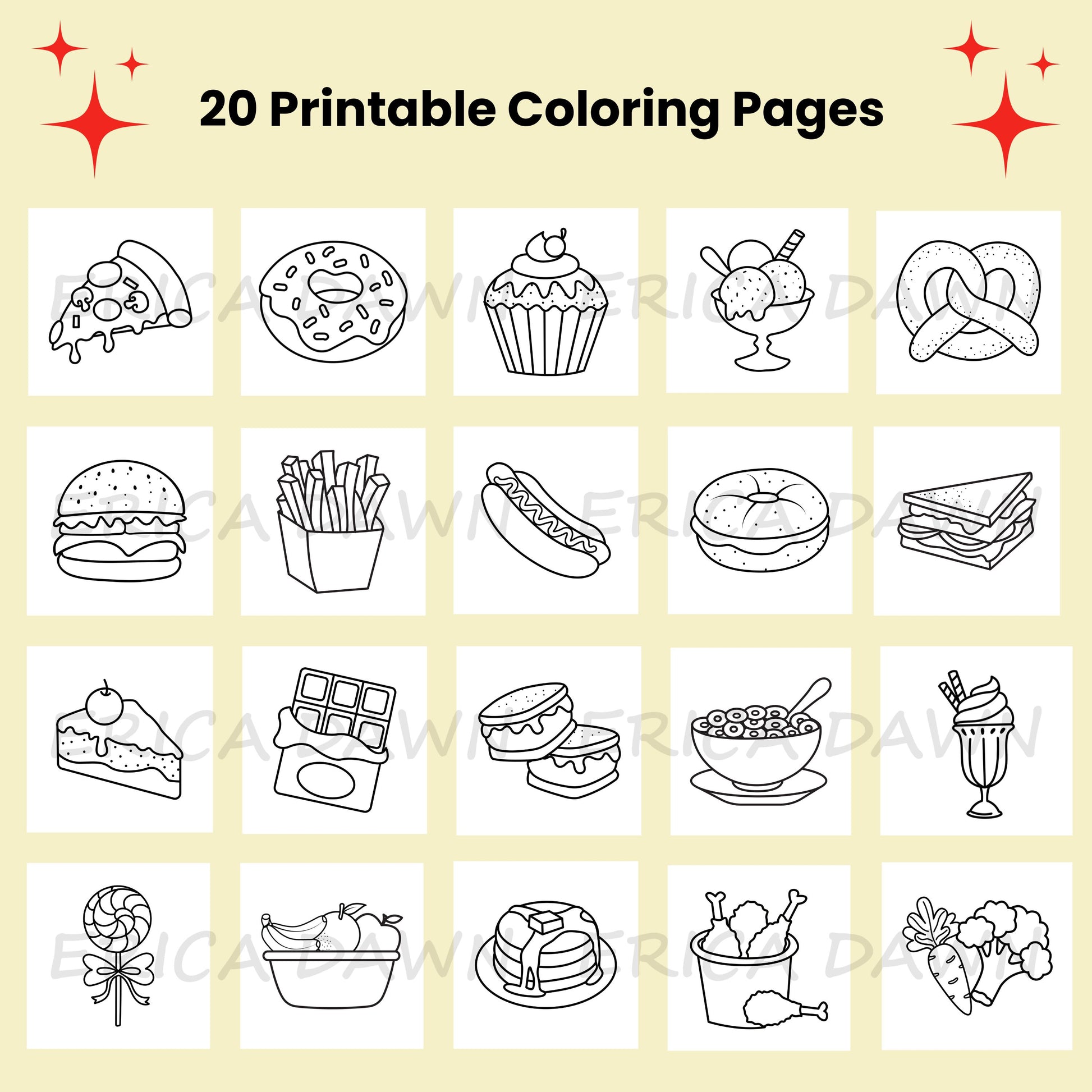 Food and Snacks Printable Coloring Pages back cover. Back cover is yellow and red and features a variety of food and snack-themed designs.