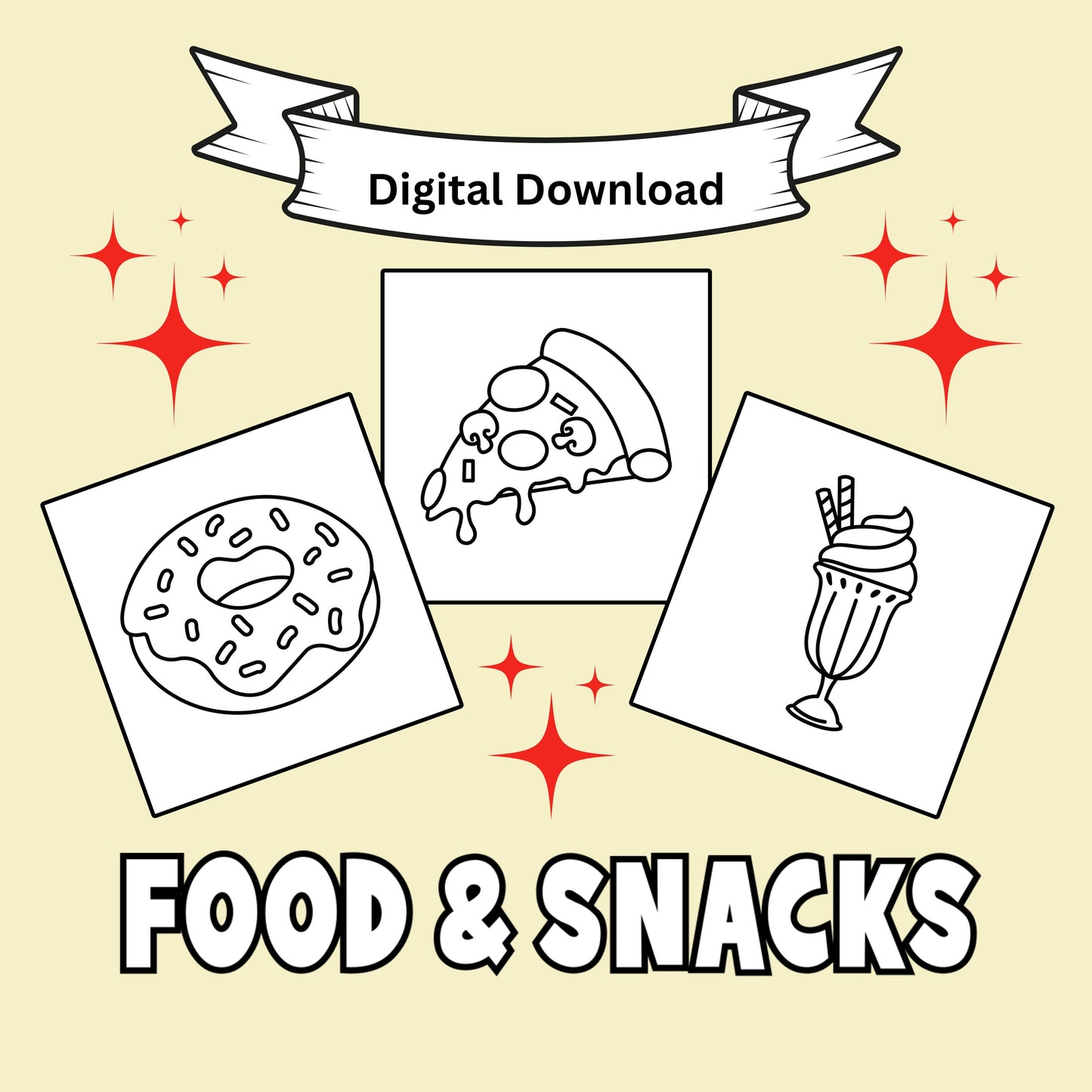 Food and Snacks Printable Coloring Pages front cover. Front cover is yellow and red and features a donut, pizza slice, and a milkshake.