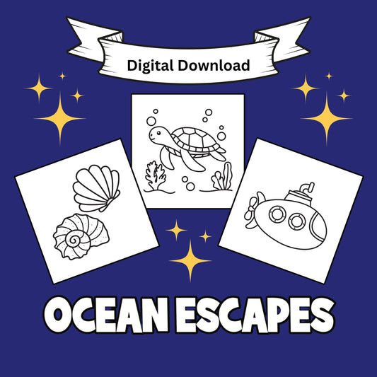 Ocean Escapes Printable Coloring Pages front cover. Front cover is blue and yellow and features seashells, a sea turtle, and a submarine.