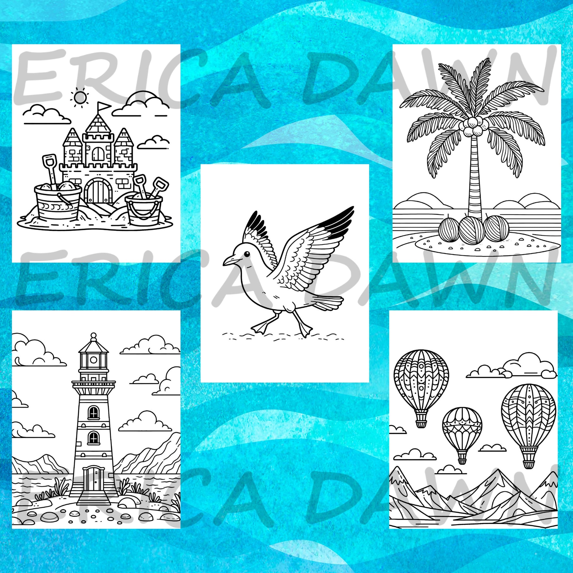 Summer Vibes Printable Coloring Pages sample page featuring sandcastle, palm tree, seagull, light house, and hot air balloons.