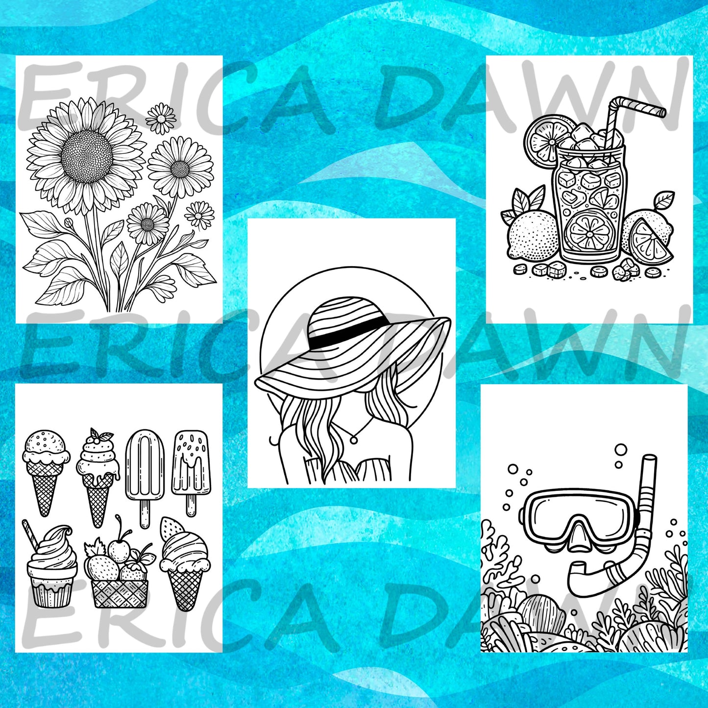 Summer Vibes Printable Coloring Pages sample page featuring sunflowers, a woman in a sunhat, iced tea, ice cream, and a snorkel.