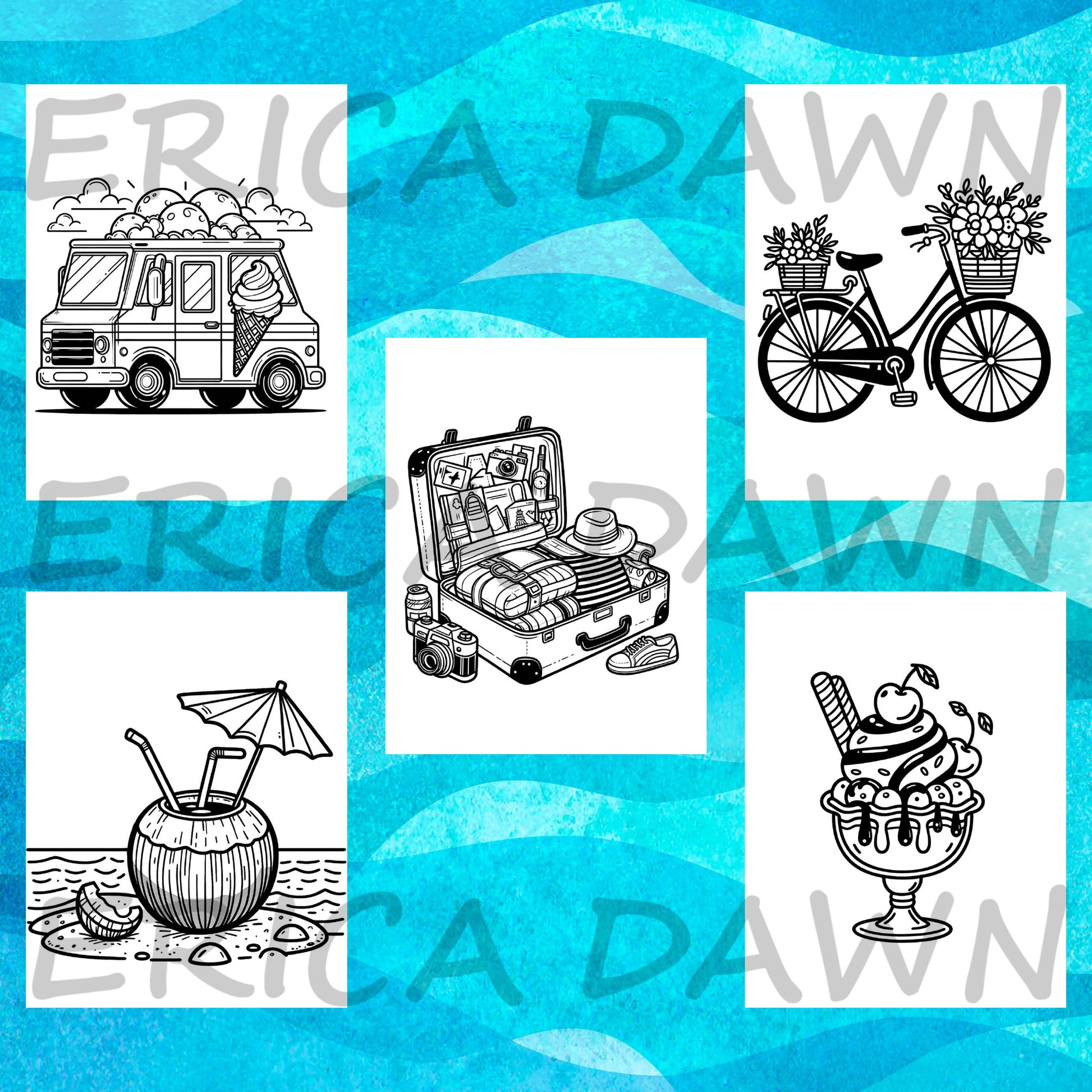 Summer Vibes Printable Coloring Pages sample page featuring an ice cream truck, suitcase, bicycle, drink in coconut shell, and an ice cream sundae.