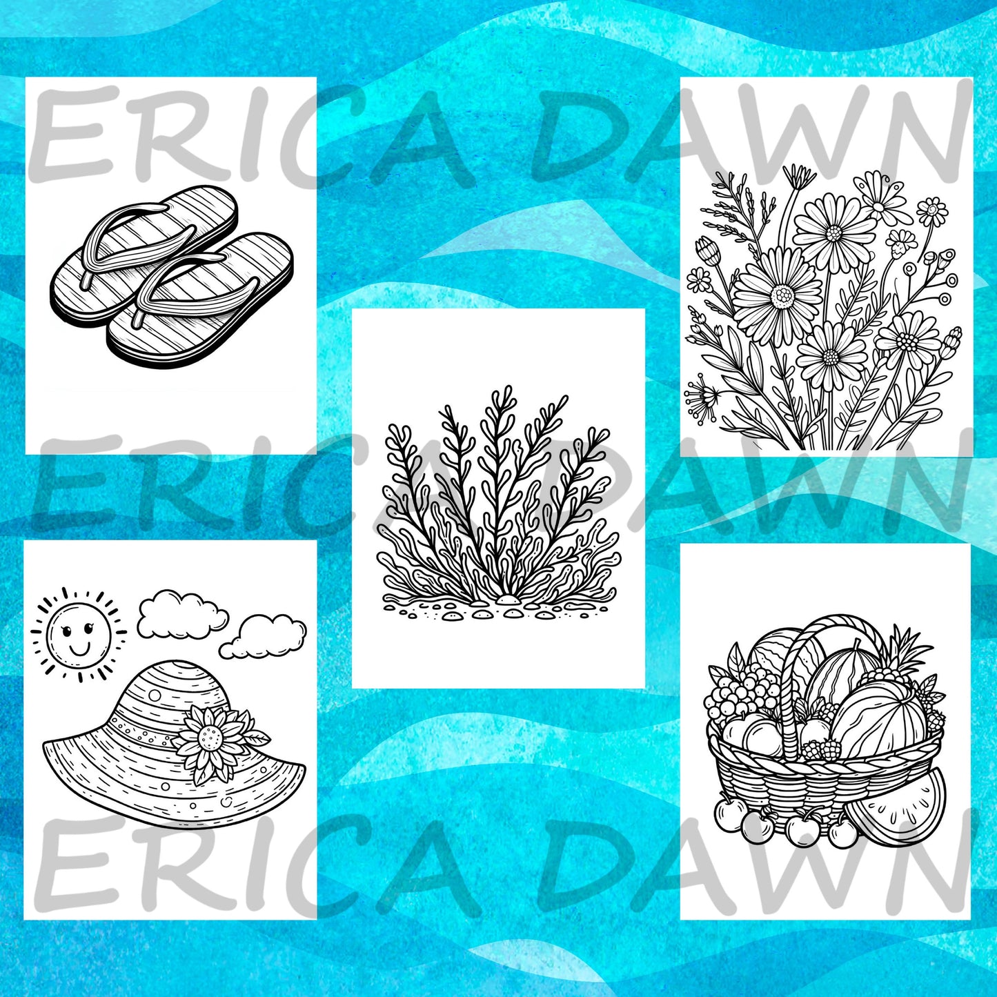 Summer Vibes Printable Coloring Pages sample page featuring flip flops, seaweed, flowers, sunhat and sun, and a basket of fruits.