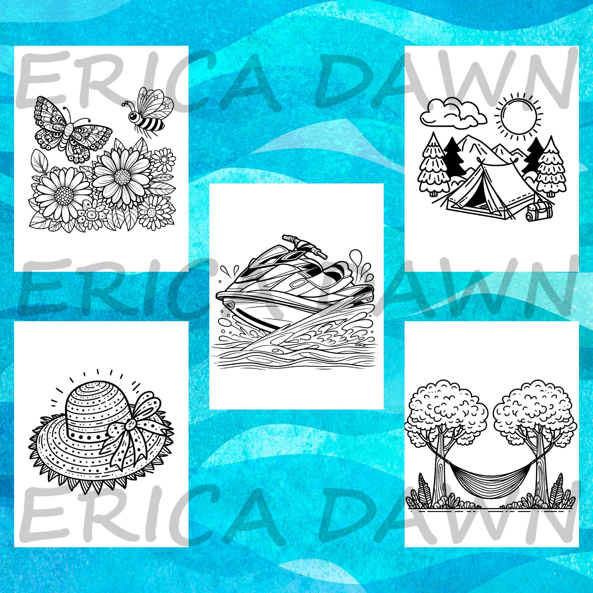 Summer Vibes Printable Coloring Pages sample page featuring a butterfly, a bee, and flowers, jet ski, camping, hat, and a hammock.