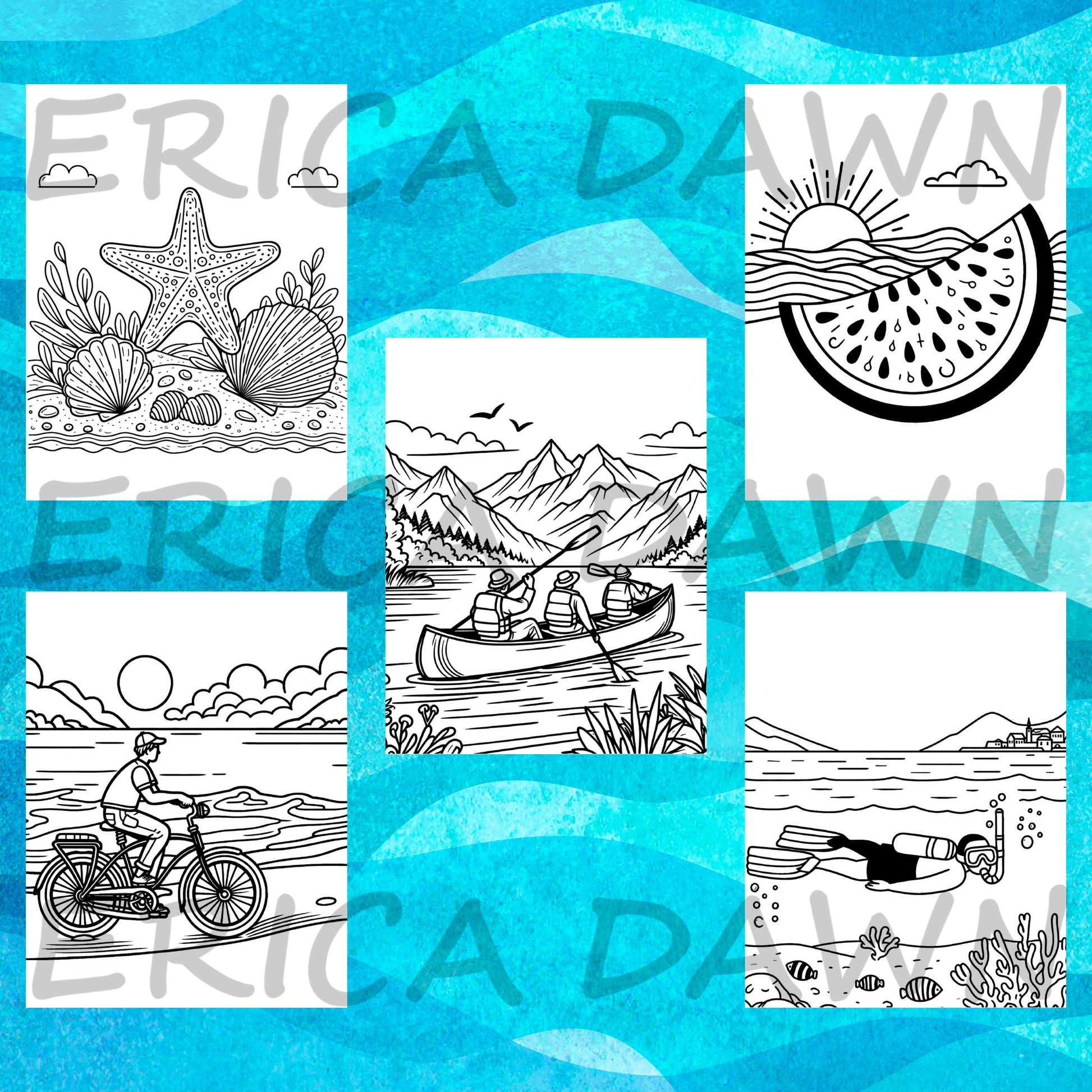 Summer Vibes Printable Coloring Pages sample page featuring a starfish, mountains and canoe, sun and watermelon, boy on bike, and a boy snorkeling.