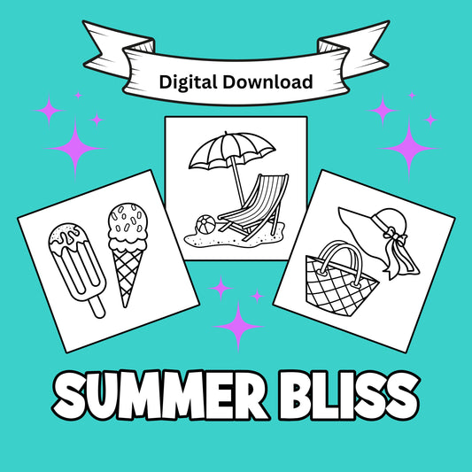 Summer Bliss Printable Coloring Pages front cover. Front cover is turquoise and purple and features a ice cream, beach umbrella and chair, and a sunhat and beach bag.