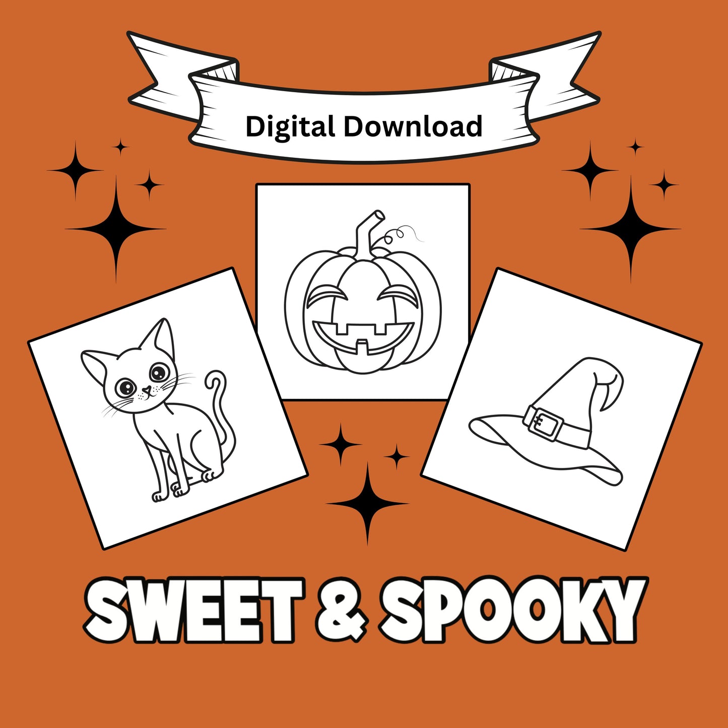 Sweet and Spooky Printable Coloring Pages front cover. Front cover is burnt orange and black and features a cat, jack-o-lantern, and a witch hat.
