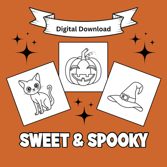 Sweet and Spooky Printable Coloring Pages front cover. Front cover is burnt orange and black and features a cat, jack-o-lantern, and a witch hat.