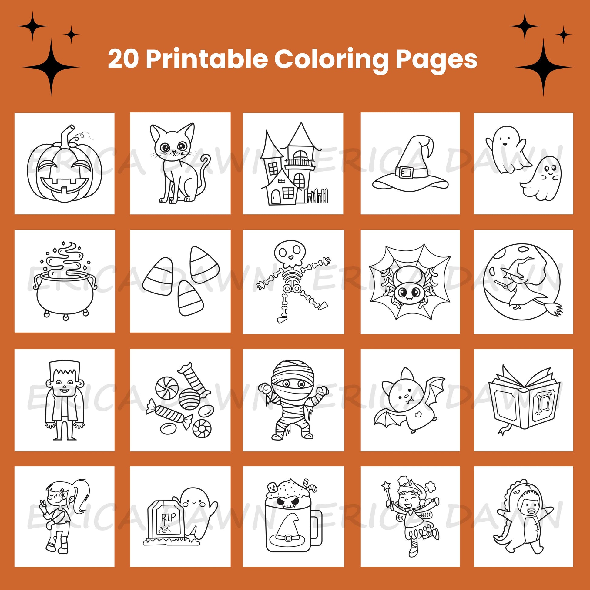 Sweet and Spooky Printable Coloring Pages   back cover. Back cover is burnt orange and black and features a variety of Halloween-themed designs.