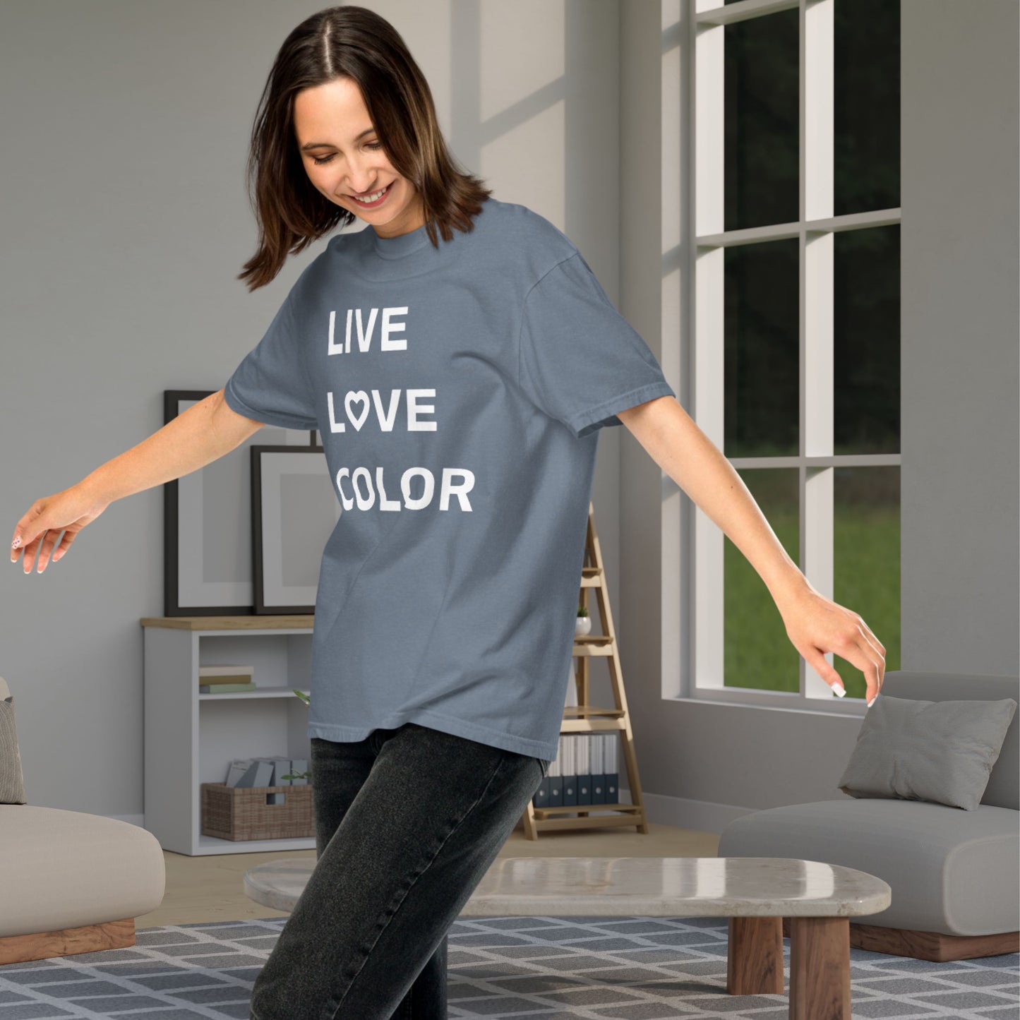 Blue Jean color T-Shirt with white bold print that says LIVE LOVE COLOR. The letter O in the word LOVE has been replaced with a heart symbol.