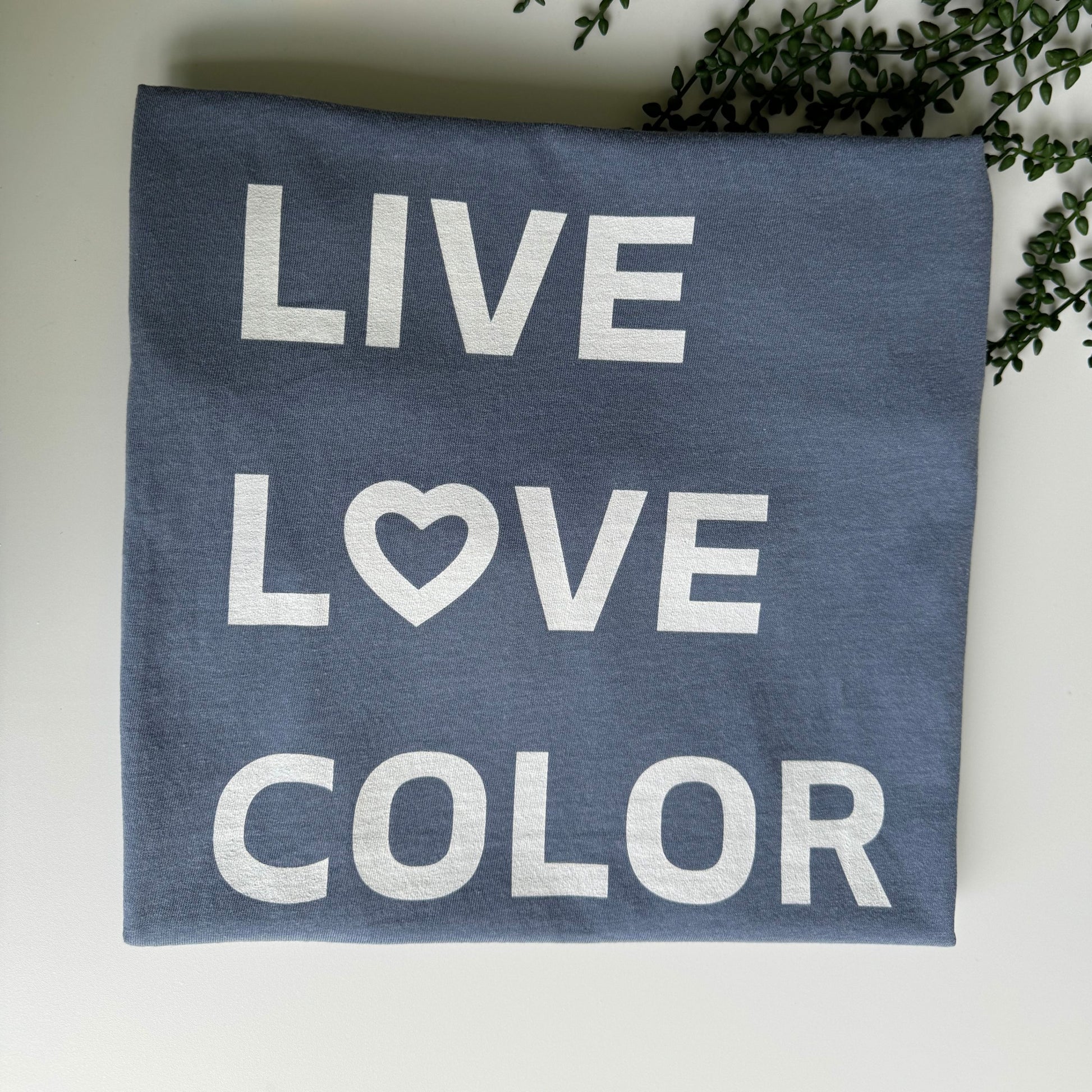 Blue Jean color T-Shirt with white bold print that says LIVE LOVE COLOR. The letter O in the word LOVE has been replaced with a heart symbol.