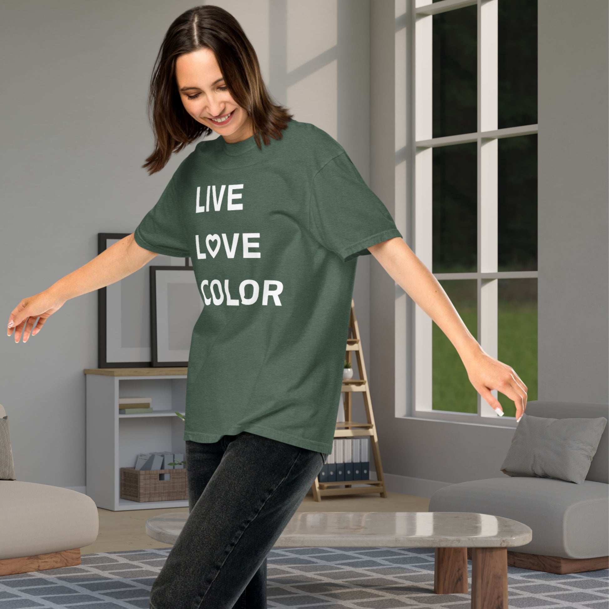 Blue Spruce color T-Shirt with white bold print that says LIVE LOVE COLOR. The letter O in the word LOVE has been replaced with a heart symbol.