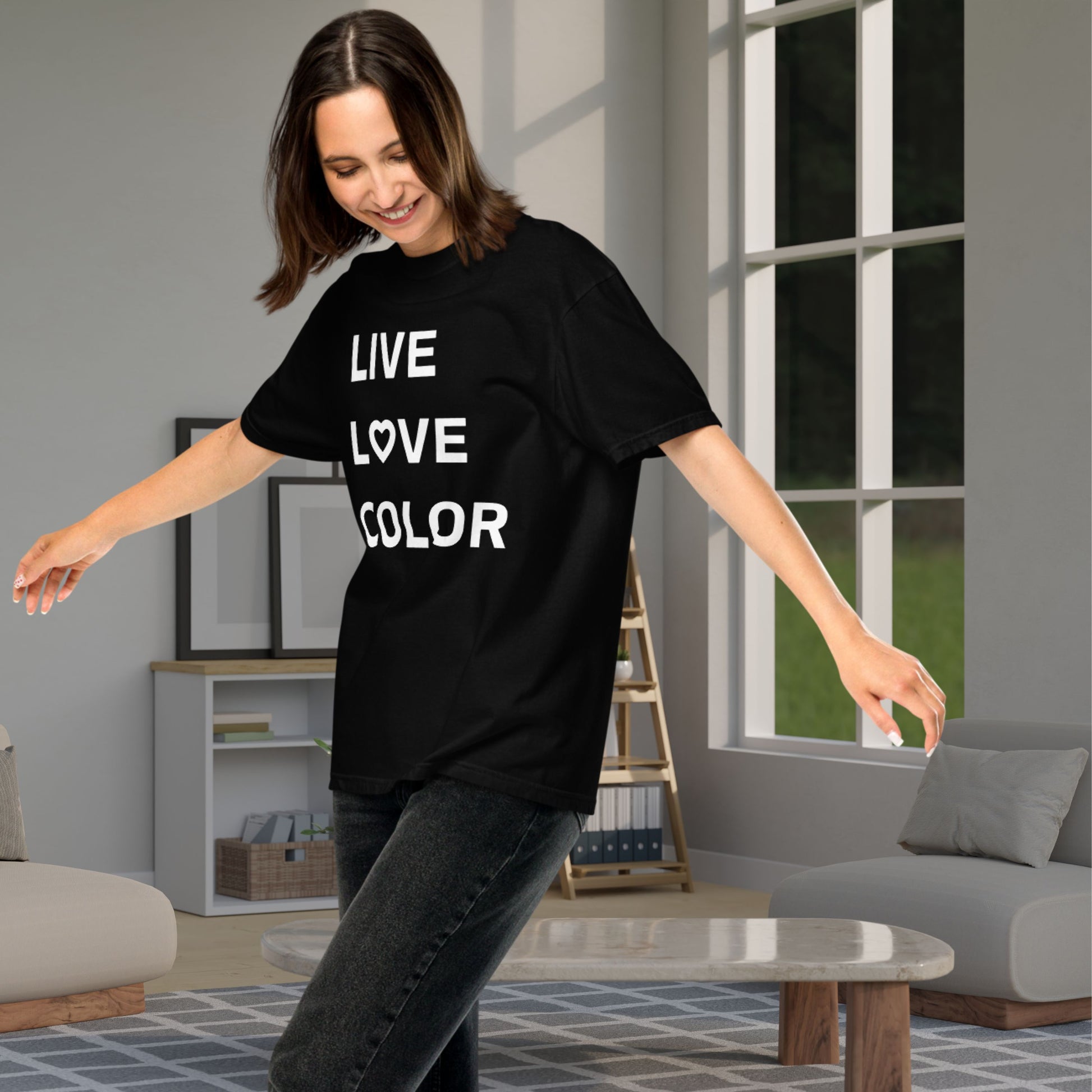 Black color T-Shirt with white bold print that says LIVE LOVE COLOR. The letter O in the word LOVE has been replaced with a heart symbol.