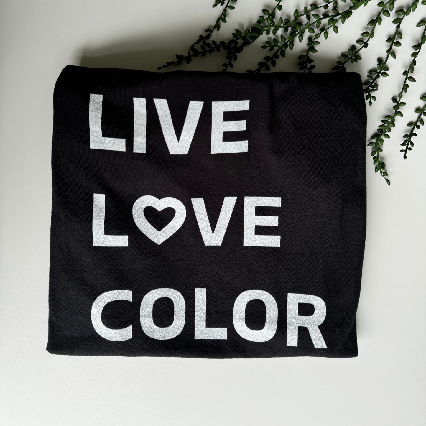 Black color T-Shirt with white bold print that says LIVE LOVE COLOR. The letter O in the word LOVE has been replaced with a heart symbol.