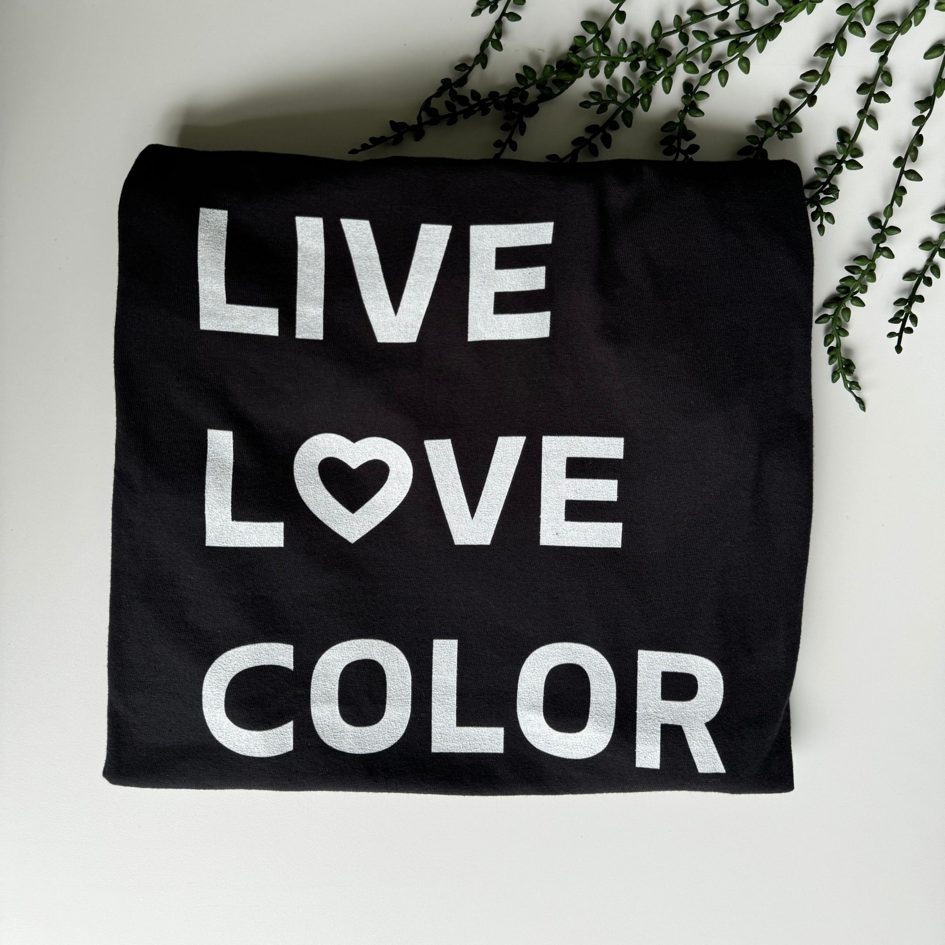 Black color T-Shirt with white bold print that says LIVE LOVE COLOR. The letter O in the word LOVE has been replaced with a heart symbol.
