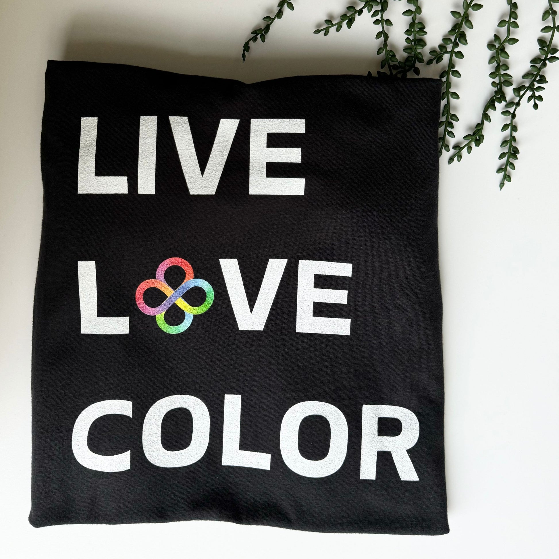 Black color tshirt with white bold print that says LIVE LOVE COLOR. The letter O in the word LOVE has been replaced with rainbow infinity symbols.