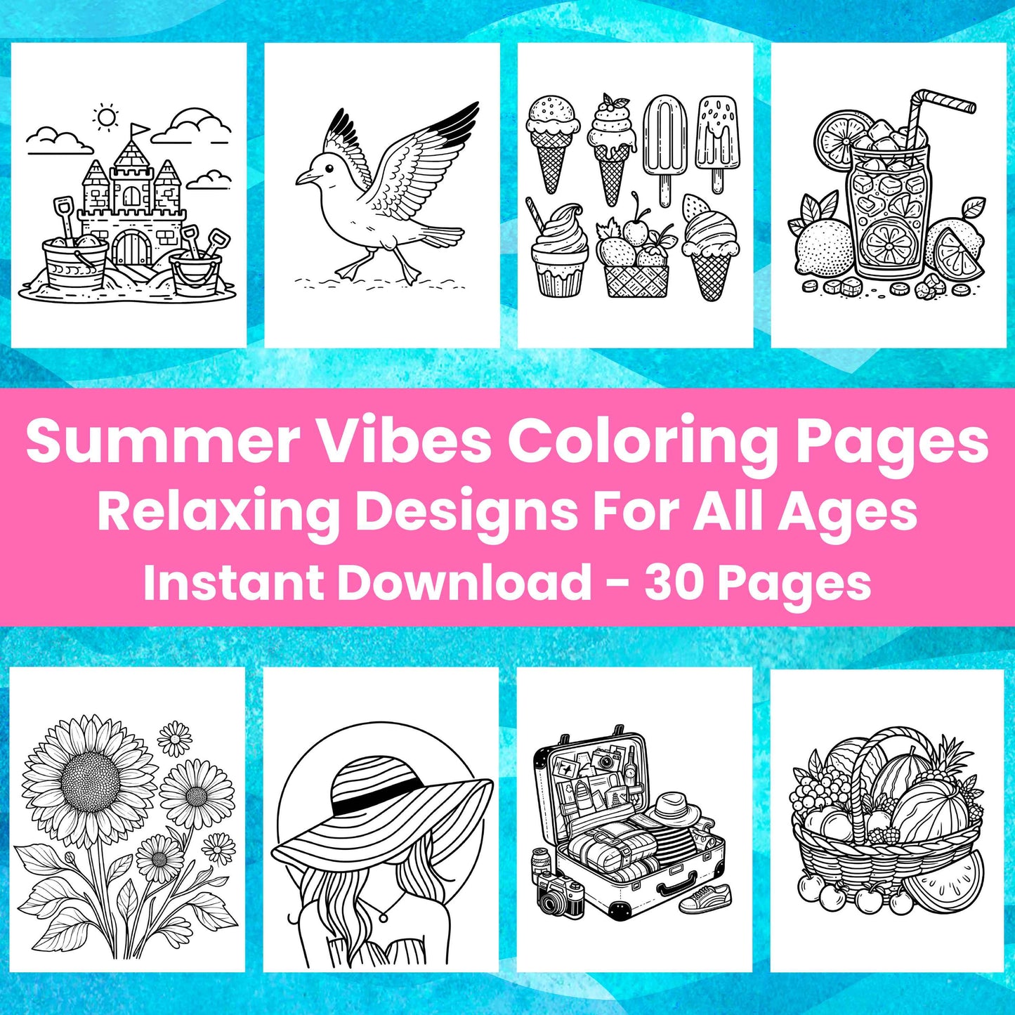 Summer Vibes Printable Coloring Pages front cover featuring sancastle, seagull, ice cream,lemonade, sunflowers, a girl in a sunhat, vacation suitcase fully packed, and a basket of summer produce such as watermelon.
