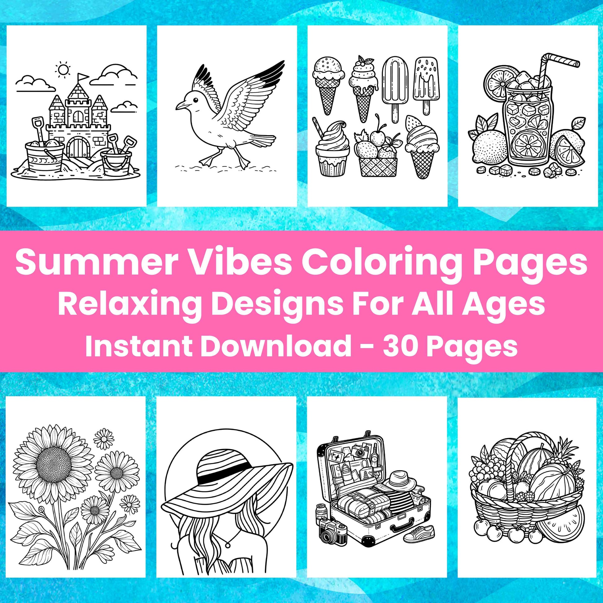 Summer Vibes Printable Coloring Pages front cover featuring sancastle, seagull, ice cream,lemonade, sunflowers, a girl in a sunhat, vacation suitcase fully packed, and a basket of summer produce such as watermelon.