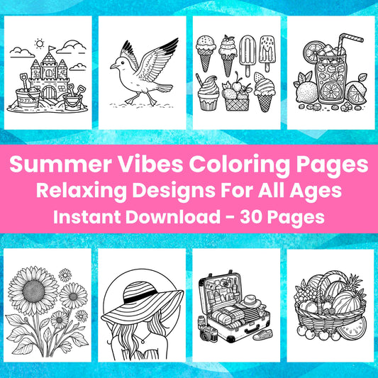 Summer Vibes Printable Coloring Pages front cover featuring sancastle, seagull, ice cream,lemonade, sunflowers, a girl in a sunhat, vacation suitcase fully packed, and a basket of summer produce such as watermelon.