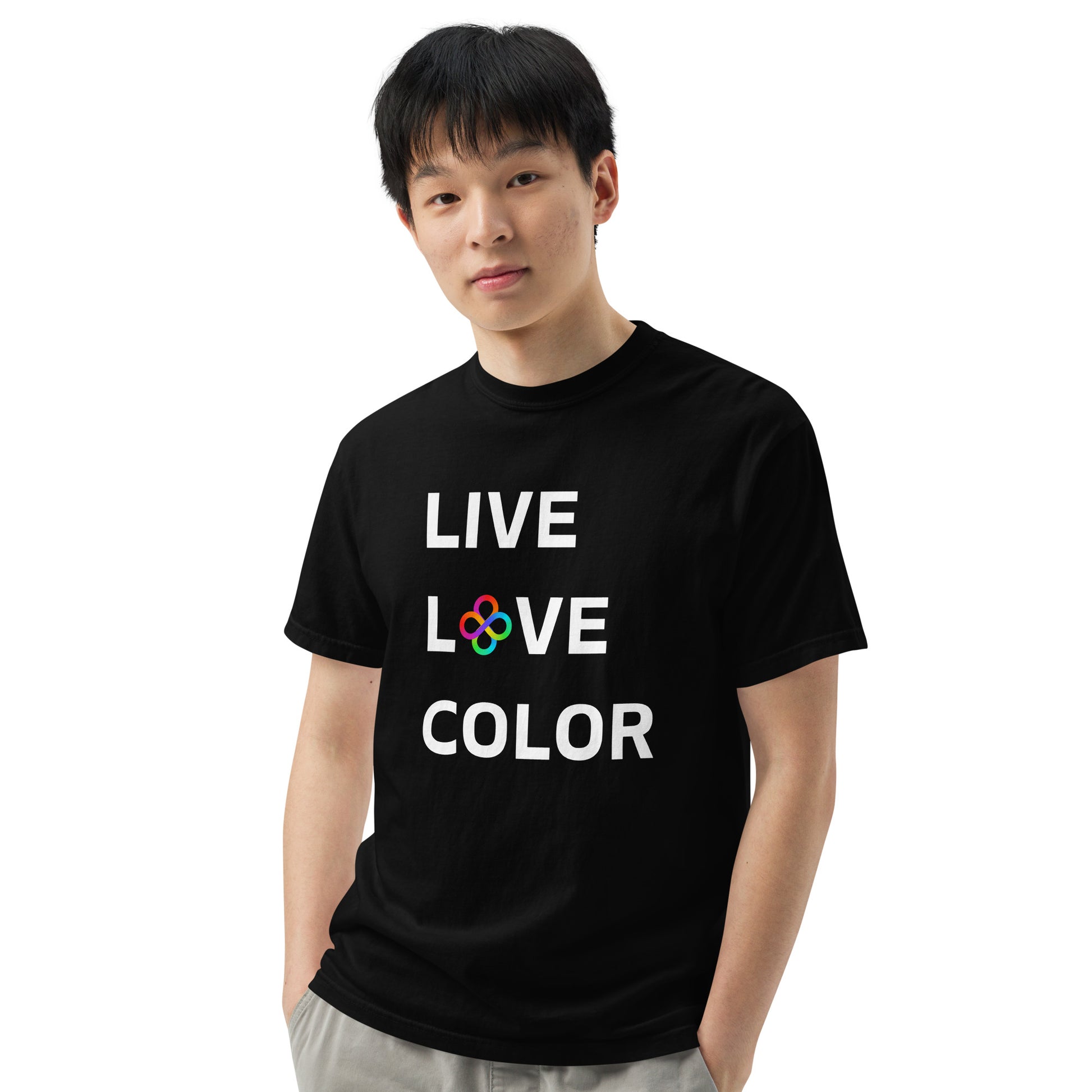 Black color tshirt with white bold print that says LIVE LOVE COLOR. The letter O in the word LOVE has been replaced with rainbow infinity symbols.