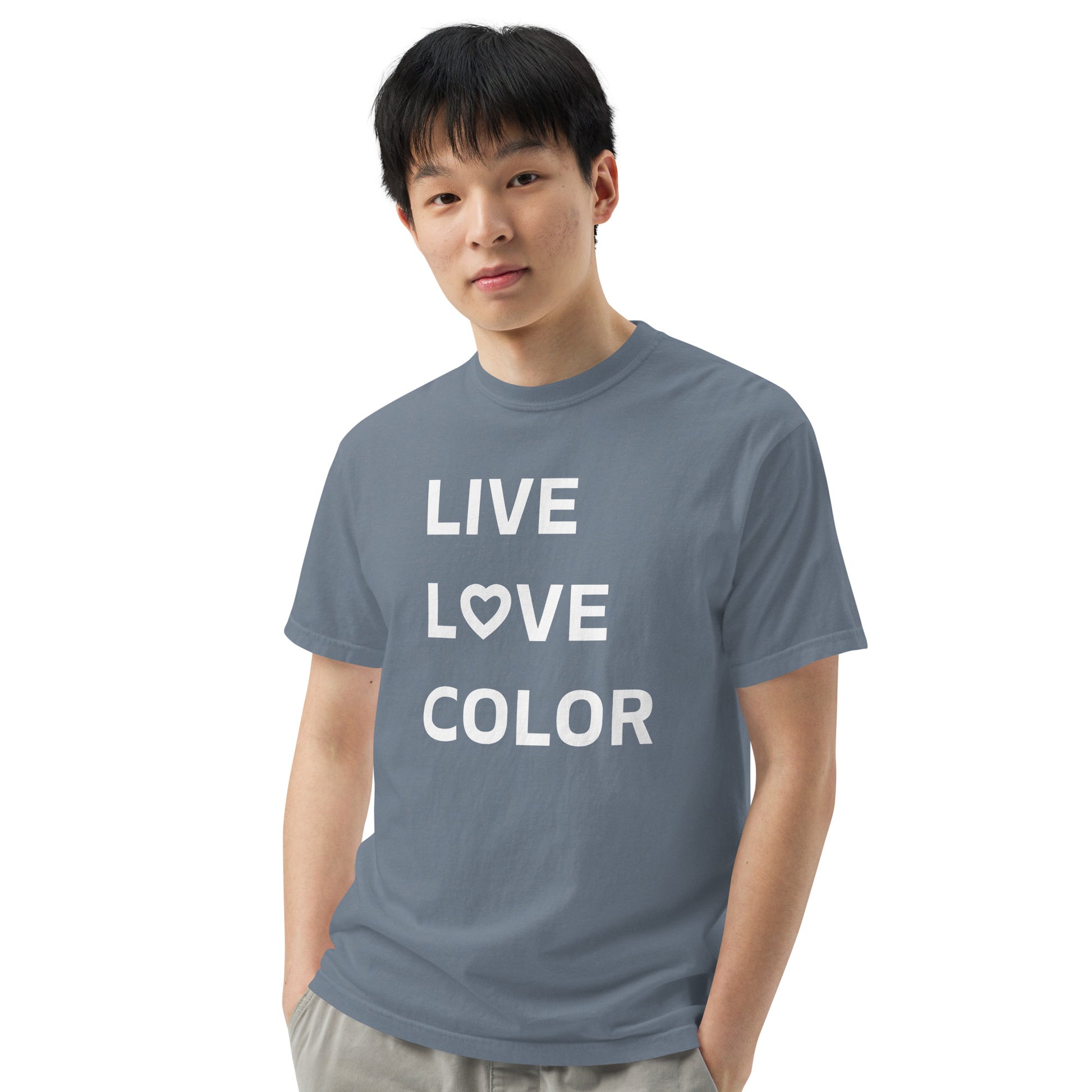 Blue Jean color T-Shirt with white bold print that says LIVE LOVE COLOR. The letter O in the word LOVE has been replaced with a heart symbol.