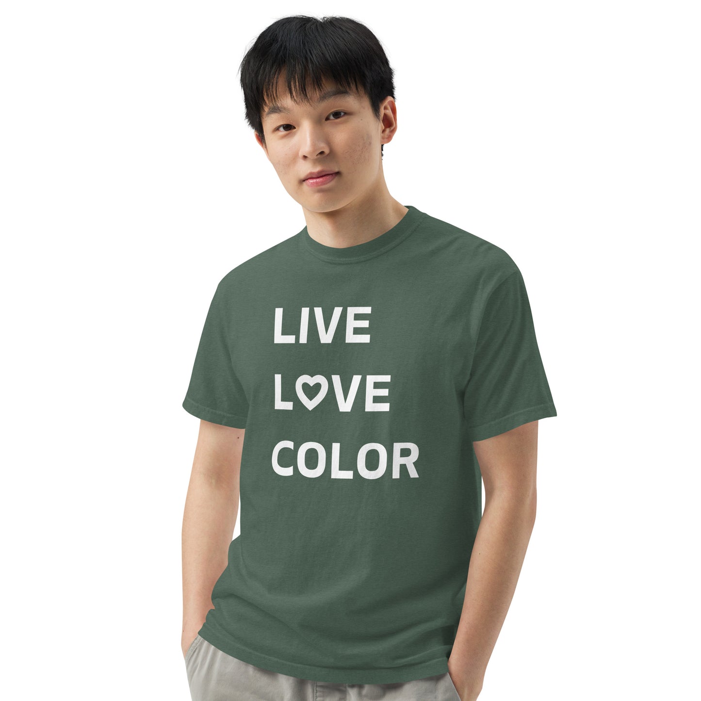 Blue Spruce color T-Shirt with white bold print that says LIVE LOVE COLOR. The letter O in the word LOVE has been replaced with a heart symbol.