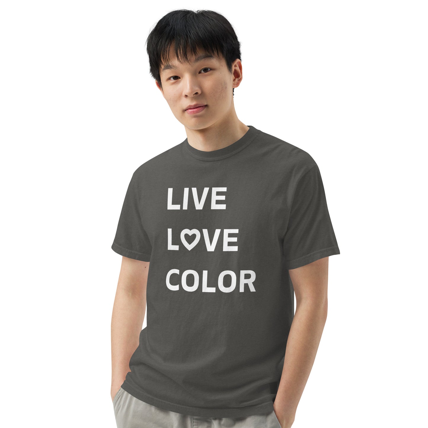 Pepper color T-Shirt with white bold print that says LIVE LOVE COLOR. The letter O in the word LOVE has been replaced with a heart symbol.